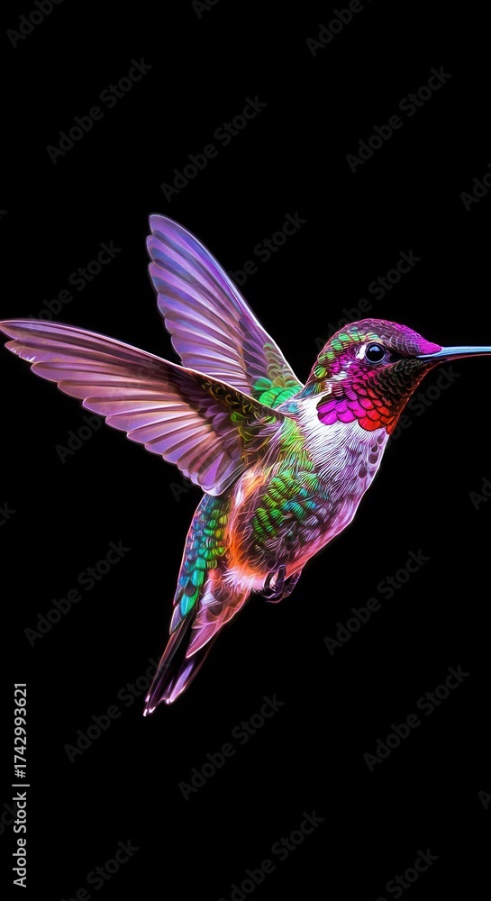 Obraz premium Vibrant hummingbird with iridescent plumage displays its wings against a stark black backdrop, showcasing vivid colors including purple, green, pink, and orange, creating a striking visual contrast