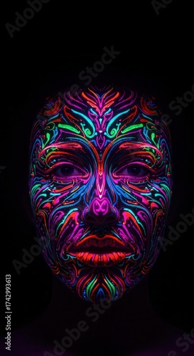 Intricate face painting illuminated with vibrant neon colors, showcasing a kaleidoscope of bright hues and patterns, creating a striking visual display against a black backdrop in a  setting,...