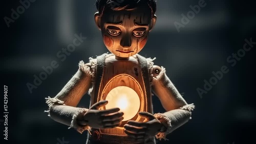 Creepy wooden puppet with glowing heart in dark room.
