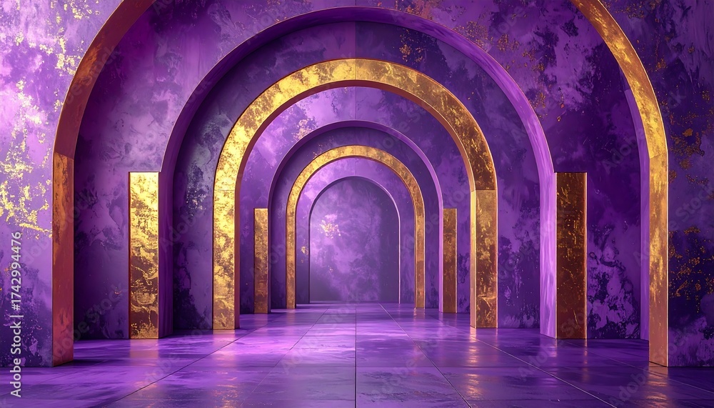 Fototapeta premium Purple arched corridor with gold accents