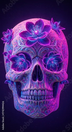 Colorful, ornate skull decorated with vibrant, glowing flowers, set against a dark, atmospheric backdrop with a focus on intricate patterns and details, creating a surreal and artistic composition.