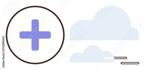 Blue cross within a black circle beside light blue clouds. Ideal for health, wellness, positivity, growth, care, medical innovation, and cloud-based services. Simple flat metaphor
