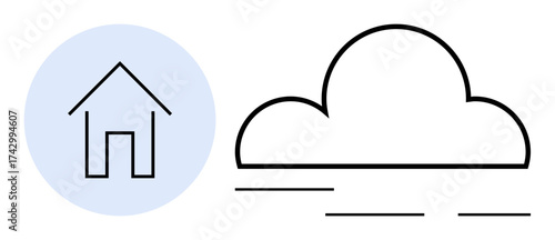 House icon enclosed in pale blue circle paired with a simple cloud outline. Ideal for technology, remote work, connectivity, cloud computing, data storage, smart homes, digital systems. Simple flat
