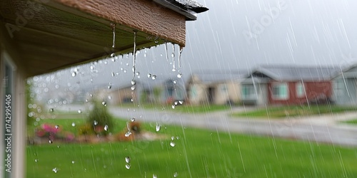 Rain drips from the eaves of a house on a rainy day