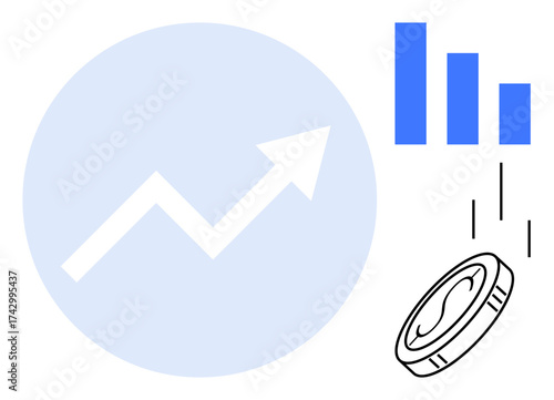 Upward arrow on graph, blue bar chart, and falling coin signify financial growth, investment, and business performance. Ideal for finance, economy, trading, investment business analysis marketing