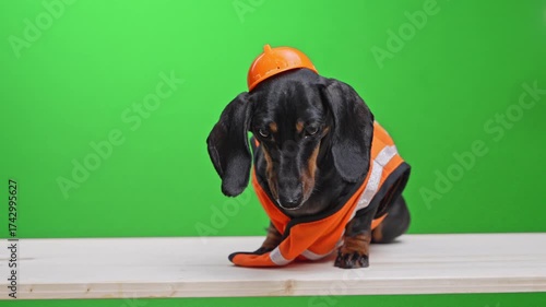A cute dachshund dog in an orange safety vest poses against a bright green background and looks down with interest.