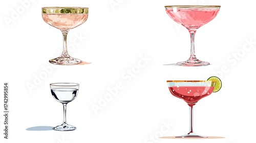 Four cocktail illustrations, each in elegant glassware. Drinks range from pink to clear with gold-rimmed options