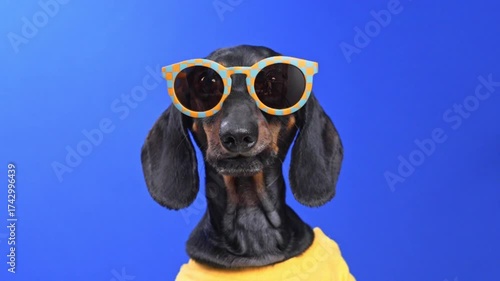 A playful dachshund wearing stylish sunglasses and a yellow shirt against a bright blue background, licking her lips and smiling. Perfect for fun, summer, and fashion themes.