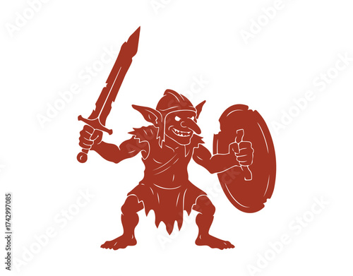 Illustration of a goblin silhouette holding a sword and shield