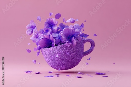 Floating purple cup overflows with blooming lavender flowers and petals on a pink background