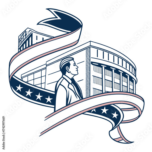 Man In Suit Observing Building With American Ribbon Graphic
