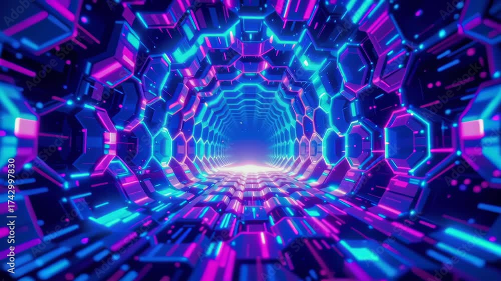 Futuristic digital tunnel with glowing neon blue and pink hexagon pattern, vibrant cyberpunk style, immersive sci fi technology atmosphere
