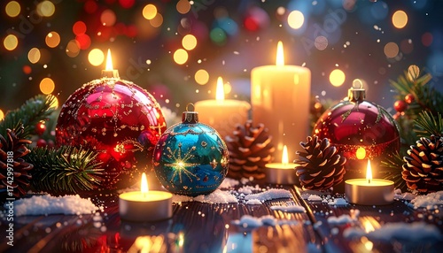 Bochas navideñas, velas, piñas, bolas navideñas, decoración 2