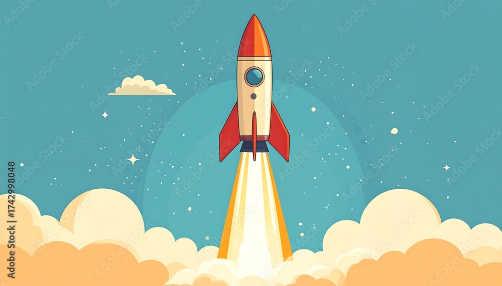 Fototapeta premium Cartoon rocket ship launching from clouds into a starry sky with illustration.