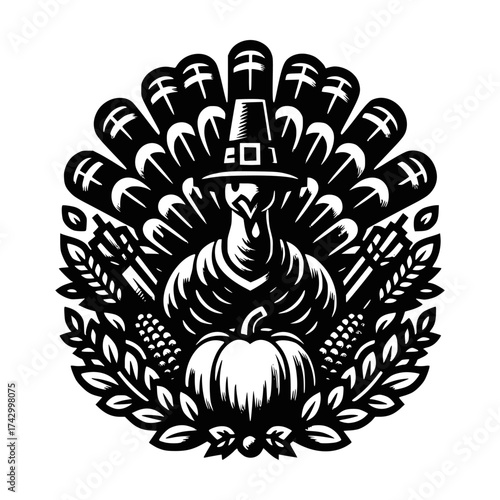 Thanksgiving, illustration of a turkey with pumpkin and corn