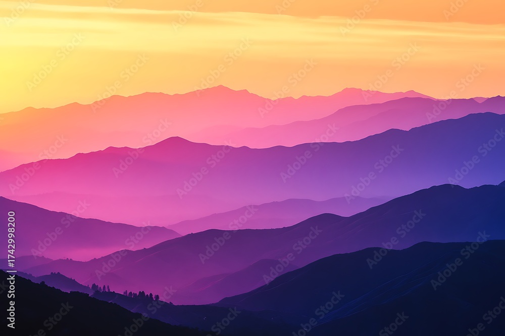 Obraz premium Gradient Mountain Range Silhouette, Scenic Landscape Background, Yellow Pink Purple Hues