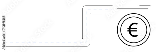 Euro currency symbol on coin next to simple curved pathway. Ideal for finance, banking, investments, transactions, savings, logistics, European economy. Minimalistic flat metaphor