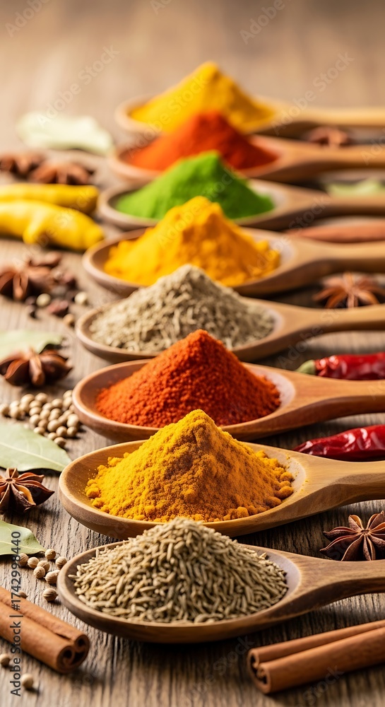 Fototapeta premium Colorful Spices in Wooden Spoons.