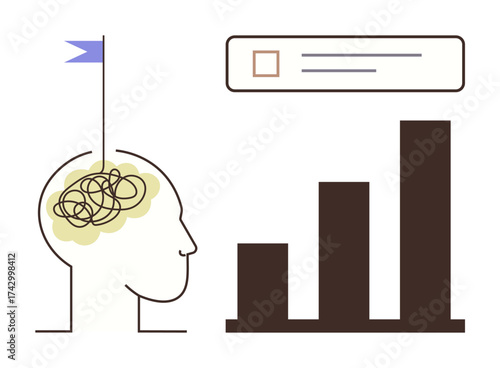Human head with tangled thoughts symbolizing confusion, grouped with a progress bar chart and checklist. Ideal for productivity, growth mindset, focus, decision-making, improvement, self-development