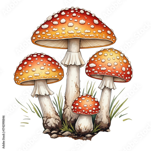 Amanita muscaria mushrooms isolated on transparent background, a whimsical illustration
