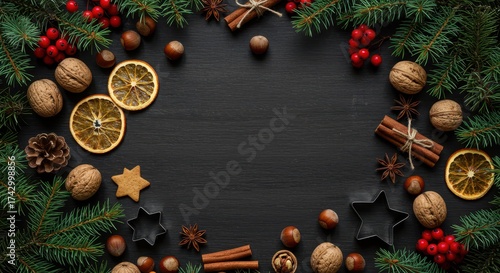 Festive Christmas background flat lay with various decorations