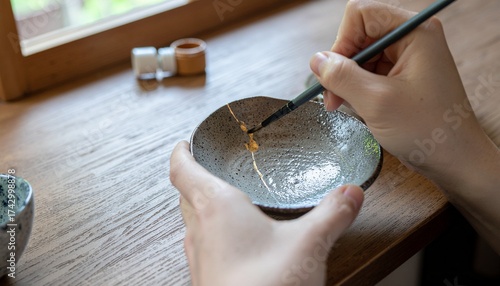 Artisan carefully repairs ceramic bowl with gold lacquer, embracing kintsugi philosophy of beauty in imperfection.