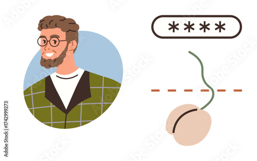 A bearded man with glasses beside a password entry field, abstracting online security and internet use. Ideal for cybersecurity, user authentication, privacy, technology, login access, identity