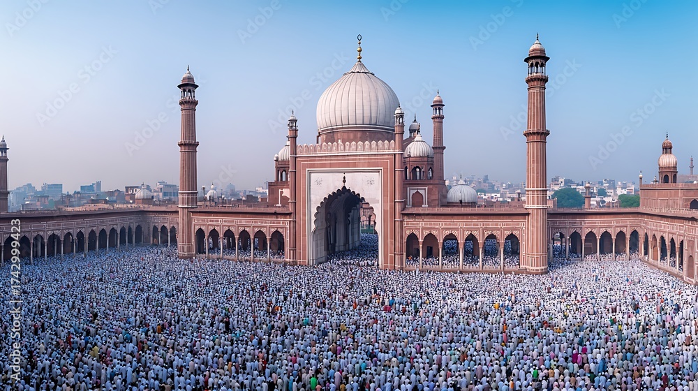 Obraz premium Indian Muslim Worshippers Gather at Jama Masjid Mosque, Delhi, during Eid alFitr