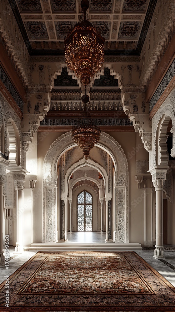 Obraz premium Intricate Interior Arches Columns, Ornate Ceiling Lamp, Middle Eastern Architectural Design