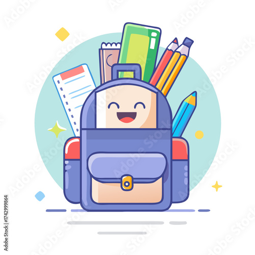 Smiling backpack filled with stationery ready for school days
