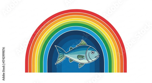 Illustration of a tuna fish swimming in blue water under a vibrant colorful rainbow arc design element