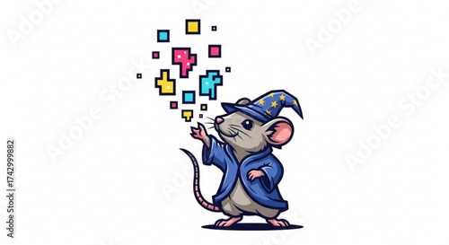 Illustration of a cartoon mouse dressed as a wizard casting colorful pixelated spells with a blue robe and hat