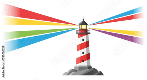 A lighthouse with red and white stripes emitting rainbow colored light beams on a rocky base at night
