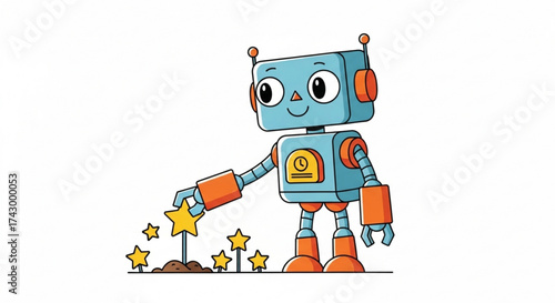 Illustration of a cartoon robot planting yellow star shaped flowers in a small patch of brown soil ground