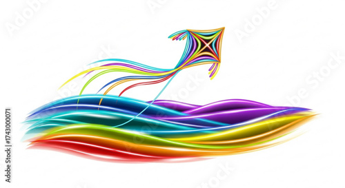 Colorful kite with rainbow tail flying above abstract rainbow waves on a white background illustration