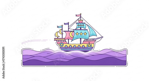 Illustration of a colorful cartoon pirate ship sailing on purple waves with stars and moon decorations