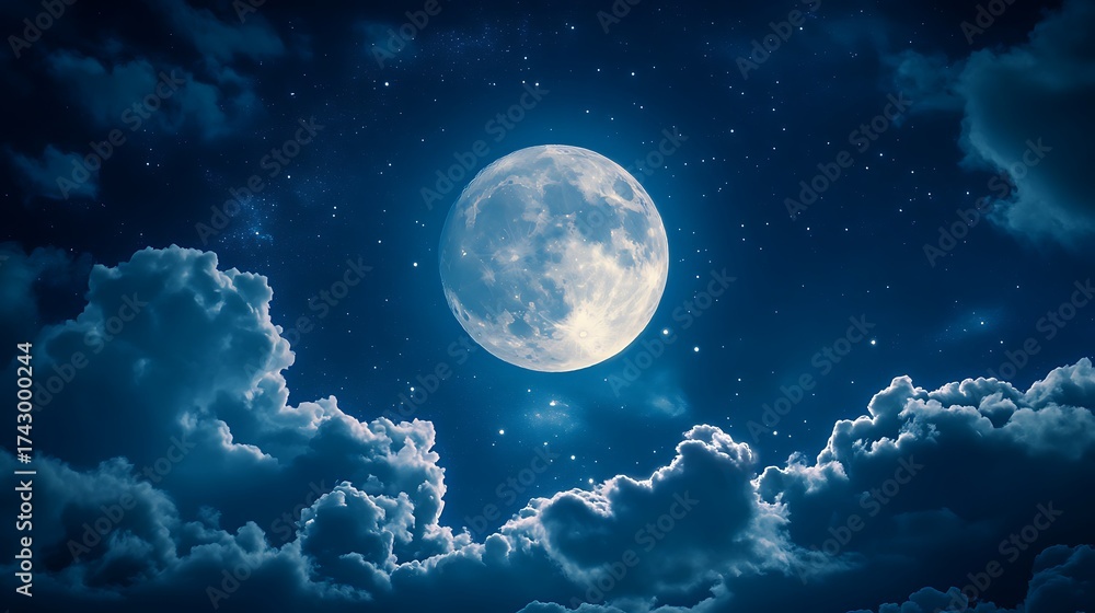 Fototapeta premium Luminous Full Moon Night Sky with Clouds and Starry Backdrop Illumination