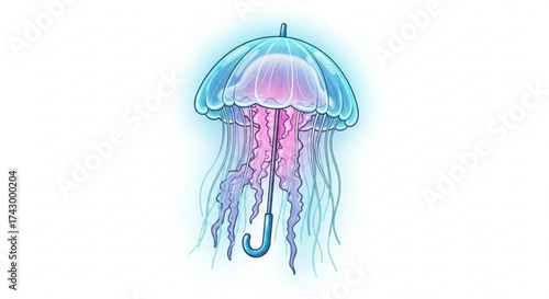 Illustration of a whimsical jellyfish umbrella hybrid with vibrant colors and intricate tentacle details