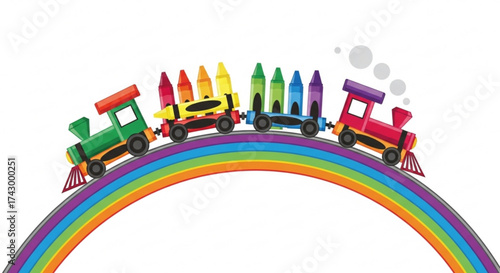 A whimsical crayon train traversing a vibrant rainbow against a clean white background in cartoon style