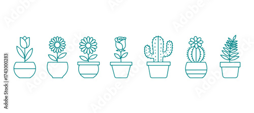 Home flower icon collection. A silhouette color pictogram of a plant in a pot