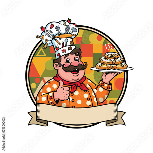 A cheerful cartoon chef mascot with a mustache holding a plate of hot cinnamon rolls and giving a thumbsup.