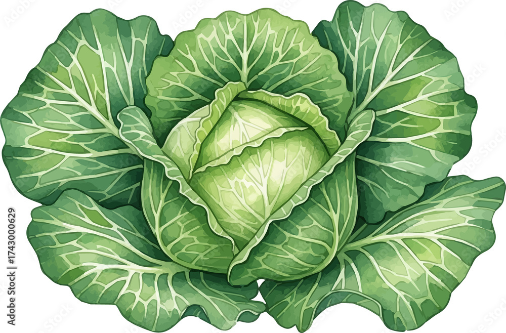 Obraz premium Watercolor Illustration of Green Cabbage Head.