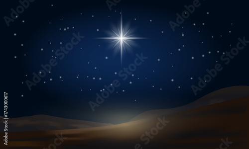 Bright nativity star shining above desert night sky in minimalist vector art, symbolic Christmas illustration for holy season design