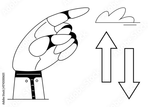 Hand pointing upward, paired with upward and downward arrows and a cloud. Ideal for growth, choice, progress, navigation, business, strategy decision-making. A simple flat metaphor