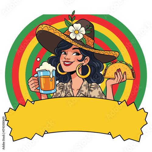 A cheerful cartoon woman in a widebrimmed sombrero holding a taco and a beer.