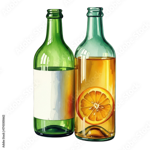 Two bottles of juice, one with an orange slice, isolated on transparent background