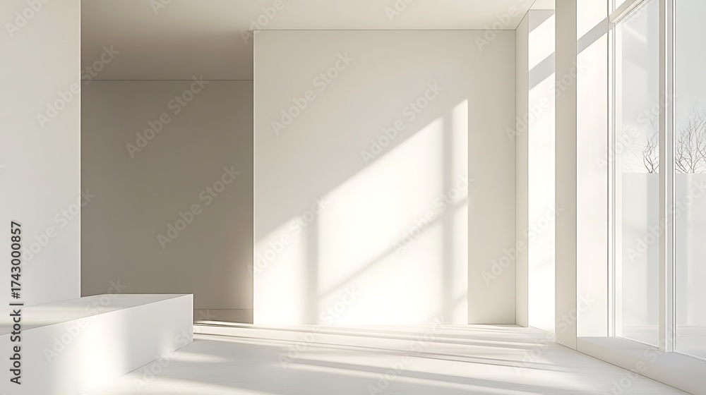 Fototapeta premium Minimalist White Interior With Sunlight Streaming Through Windows And An Open Doorway Nearby