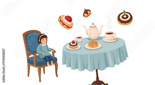 Illustration of a young girl sitting in a chair with a tea party table set with desserts and a teapot