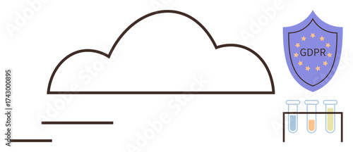Cloud outline with shield labeled GDPR and test tubes on a rack representing data security, compliance, analytics. Ideal for tech, privacy, innovation, cloud storage, regulations, laboratory simple