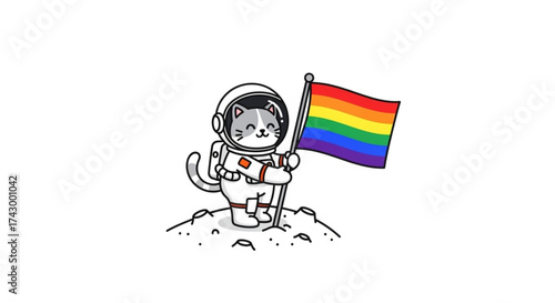 Cartoon cat astronaut on a moon holding a rainbow flag with a white background illustration art